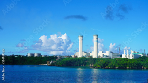 Ecological plant, factory, industrial facility on the ocean. Japanese technologies for environmentally sound waste management, non-waste production. Green Island, seaport of Okinawa, Miyakojima Japan