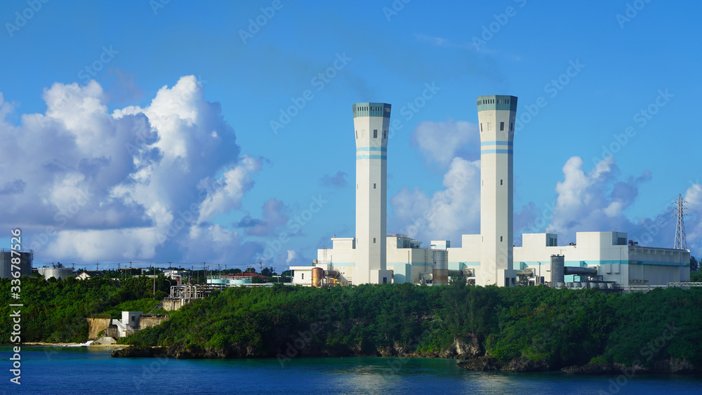 Ecological plant, factory, industrial facility on the ocean. Japanese technologies for environmentally sound waste management, non-waste production. Green Island, seaport of Okinawa, Miyakojima Japan
