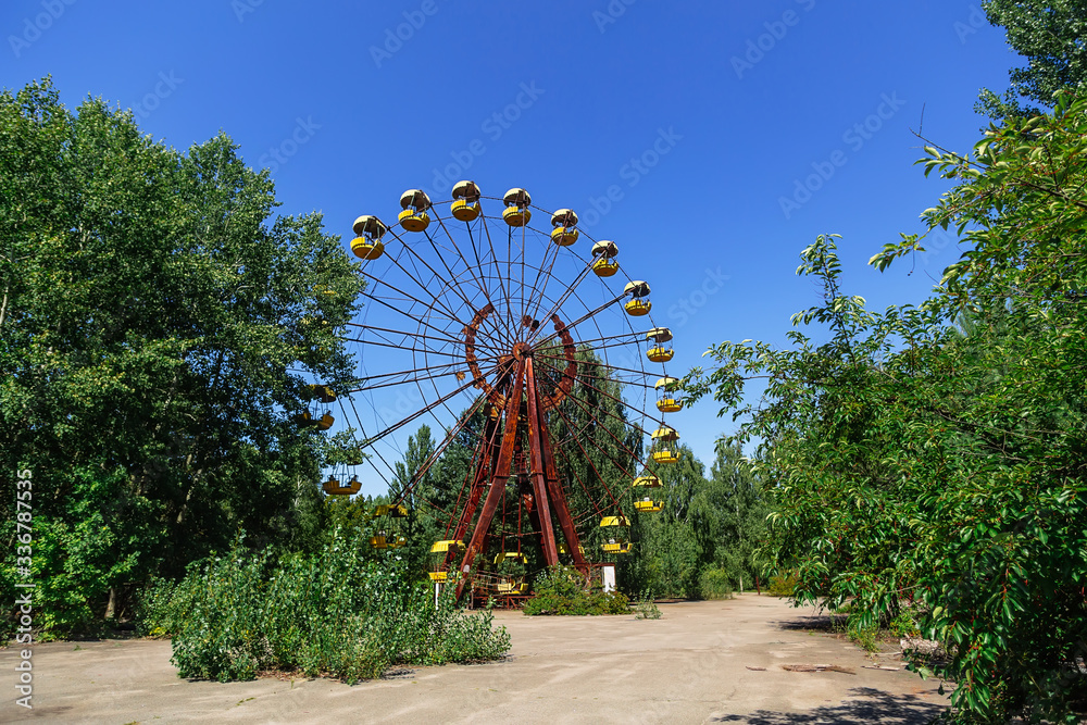 Attraction Ferris Wheel in ghost town Pripyat, Chernobyl Exclusion Zone