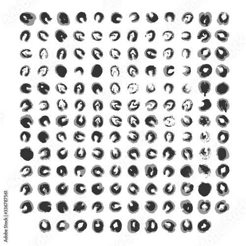 Abstract ink prints collection. Set of formless imprints, stains, splashes and spots. Black gray inky blots similar to viruses or bacteria. Pack of round shape silhouettes. EPS8 vector illustration.