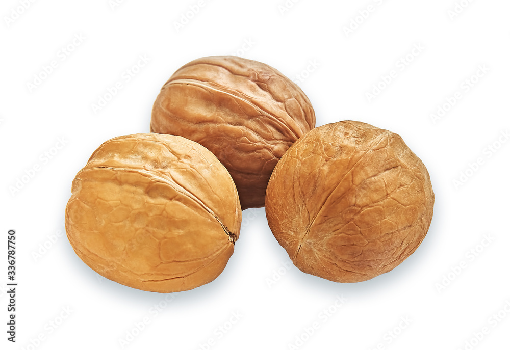 Three closed walnuts on a white background isolate Three closed walnuts on a white background isolate