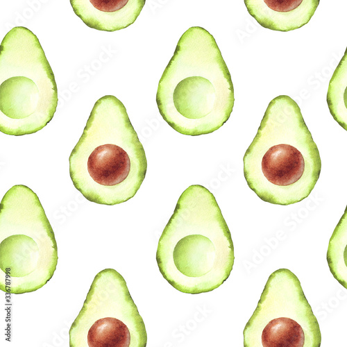 Avocado seamless pattern. Hand drawn watercolor pattern. For the design of menus, napkins, wrappers, packages, kitchen, textile design, print, wallpaper.