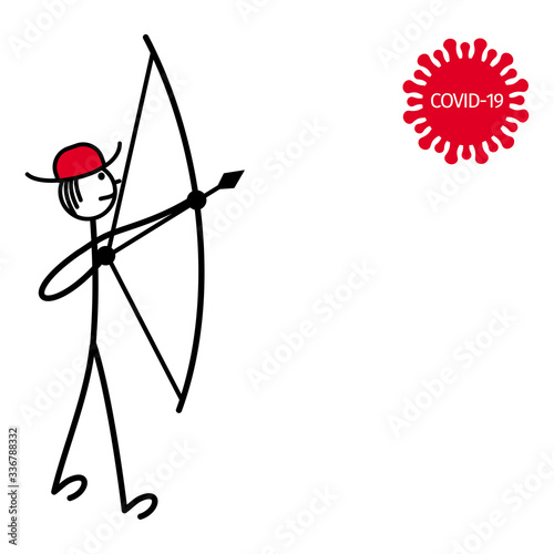 A symbolic little man shooting an arrow from a bow at the Covid-19 coronavirus molecule. Metaphor, concept. Vector graphics. photo