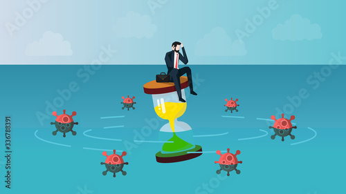 Castaway Businessman Feeling Anxiety While Sitting on Sand Watch. Meaning is Business People Waiting for The Coronavirus 2019 or Covid-19 Infection Crisis End Concept. Vector Illustration EPS 10.