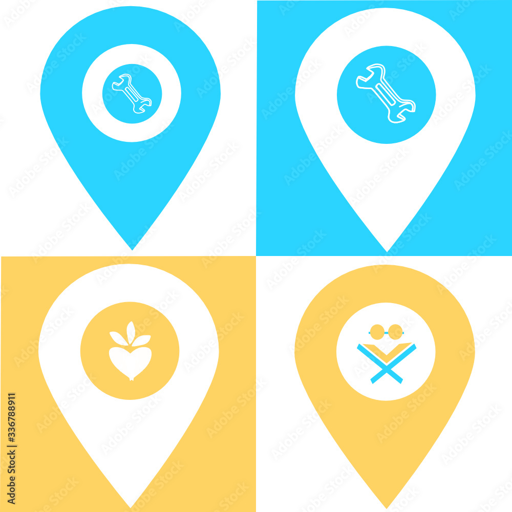 Set of wrench, food, book store location map pin icon. Element of map point for mobile concept and web apps. Icon for website design and development, app development. Premium store icon sign Set of wrench, food, book store location map pin icon. Element of map point for mobile concept and web apps. Icon for website design and development, app development. Premium store icon sign