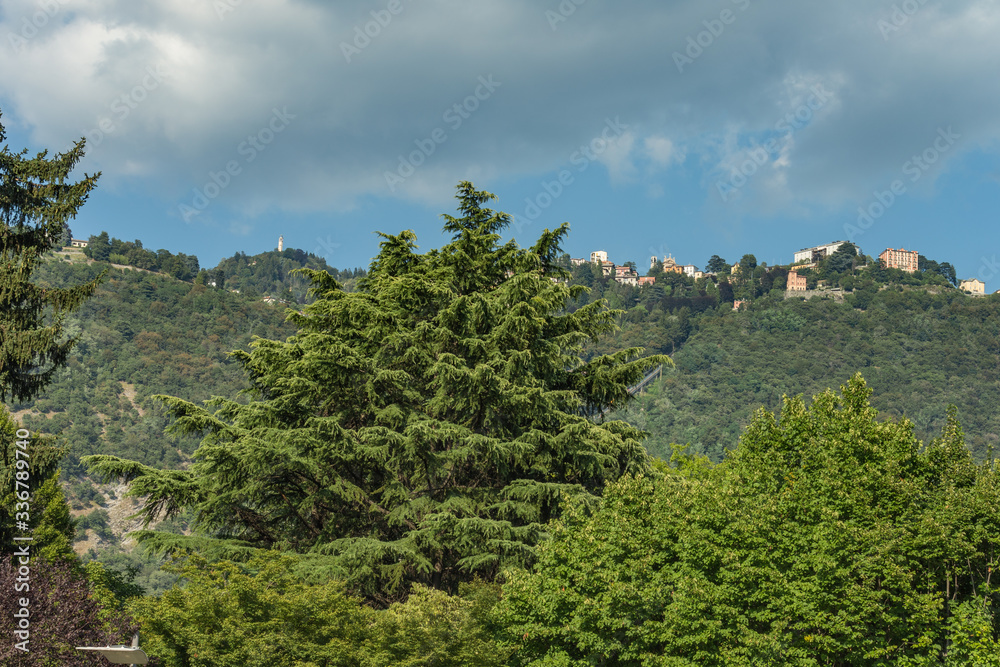 Fototapeta premium Como, ITALY - August 4, 2019: Apartments, villas, hotels on the green forested mountainsides near Lake Como. Beautiful Italian Como city. Warm sunny summer day in very popular holiday destination