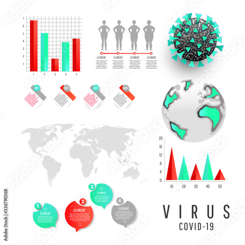Covid-19 coronavirus infographic design template with world map, charts, crown virus cell, people icon, blocks isolated on white background