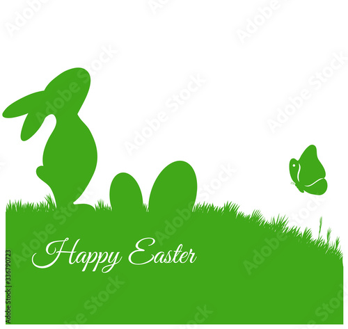 Happy Easter card with bunny silhouette on grass and eggs vector illustration flat style. Easter background for design