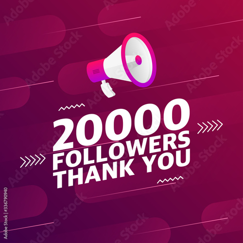 Megaphone with 20000 followers banner. Congratulations thank you 20k follower design template on designer background. Vector