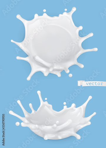 Milk splash. 3d realistic vector objects, food illustration