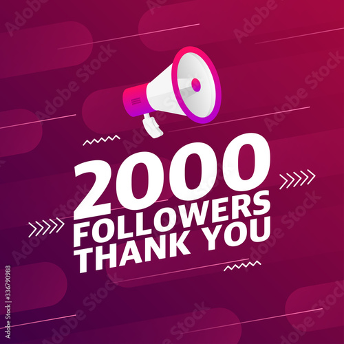Megaphone with 2000 followers banner. Congratulations thank you 2k follower design template on designer background. Vector