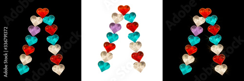 Isolated Font Russian Letter made of colorful glass hearts on white and black backgrounds and with sparkles