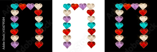 Isolated Font Russian Letter made of colorful glass hearts on white and black backgrounds and with sparkles