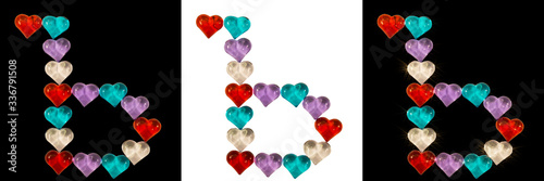 Isolated Font Russian Letter made of colorful glass hearts on white and black backgrounds and with sparkles