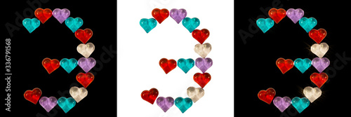 Isolated Font Russian Letter made of colorful glass hearts on white and black backgrounds and with sparkles