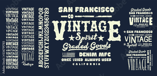 Original vintage Denim print for t-shirt or apparel. Old school vector graphic for fashion and printing. 
Retro alphabet in western style , Slab Serif and serif type letters.Handmade Vintage Font 