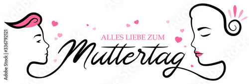 Happy mother's day (German) hand drawn lettering isolated with mother and child