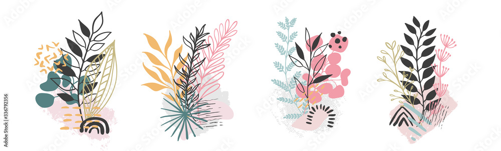 Set abstract floral background isolated on white. Vector hand draw - obrazy, fototapety, plakaty 