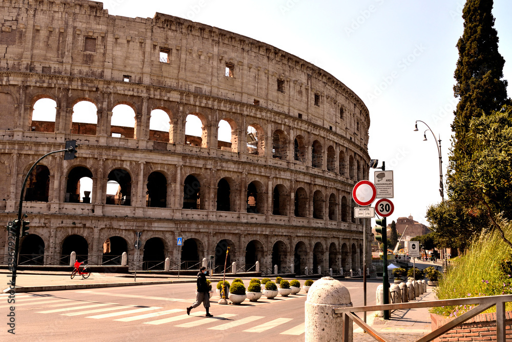 View of the Colosseum without tourists due to the lockdown