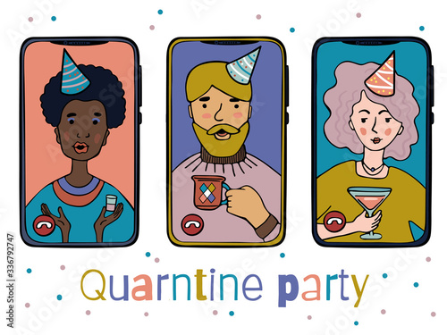 Illustration of people at an online quarantine party on phones.