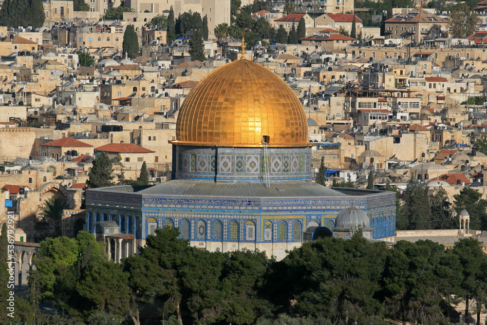 Dome of the Rock, Islamic shrine located on the Temple Mount in the Old City of Jerusalem, Israel;  view from the Mount of Olives