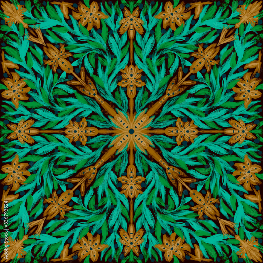 seamless pattern with dark background and orange flowers with green leaves, mosaic, illustrations seamless pattern with dark background and orange flowers with green leaves, mosaic, illustrations