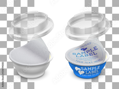 Vector labeled open plastic round container with opened foil seal and transparent lid. Packaging template illustration.