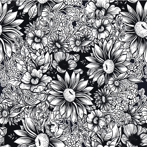 Vector Black and White Summer Flower Seamless Pattern