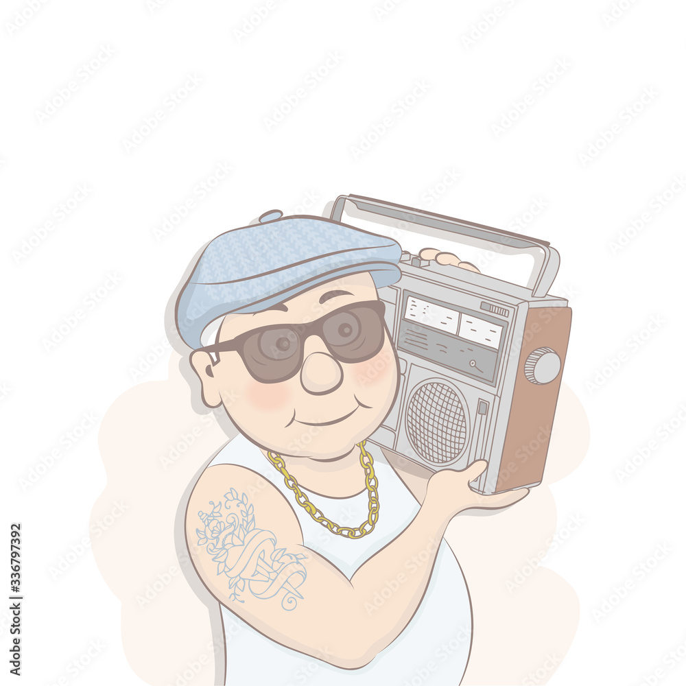 Old man with tape recorder player in cartoon comic style.Vector illustration isolated on white background.