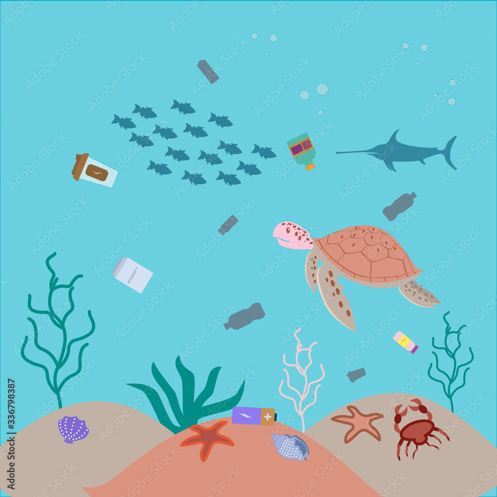 The extinction of rare species of fish and marine animals, the problem of  urbanization. Biological impact. Water pollution, ocean   litter, indelible litter. Biological hazard. Stock Vector | Adobe Stock