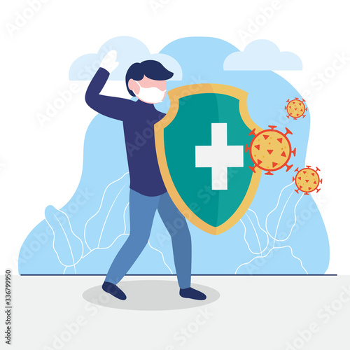 man protecting himself coronavirus with a shield