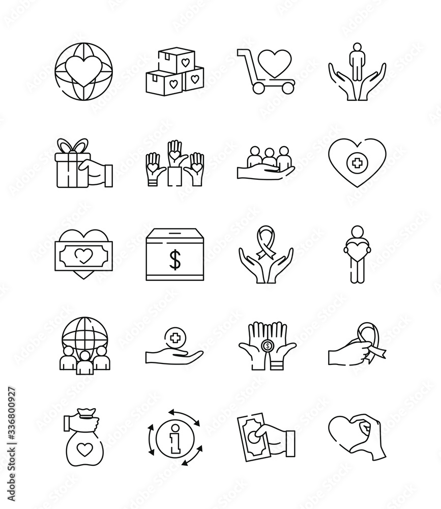 hands and charity and donation icon set, line style