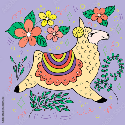 Image of cute alpaca on a lilac background with flowers and leaves. For the design of postcards, posters, printing on fabrics, wallpaper
