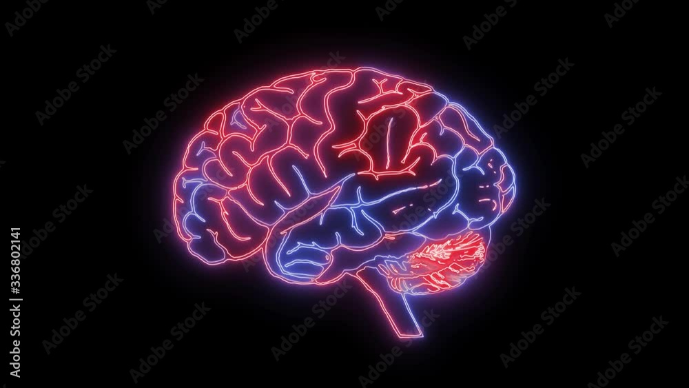 Brain in danger. Human digital brain becomes red. Mental disorder, cancer, dementia and degeneration of brain. Brain, side view isolated and glowing on black background Brain in danger. Human digital brain becomes red. Mental disorder, cancer, dementia and degeneration of brain. Brain, side view isolated and glowing on black background