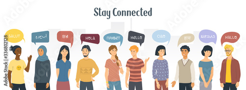 Stay connected. Social Network concept. Multiethnic people saying hello in different languages. Vector illustration