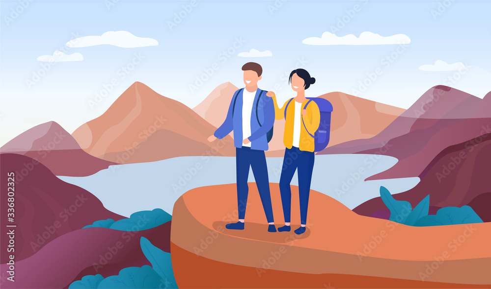 Active lifestyle, happiness and harmony concept. Young couple hiking in a mountains. Vector illustration.