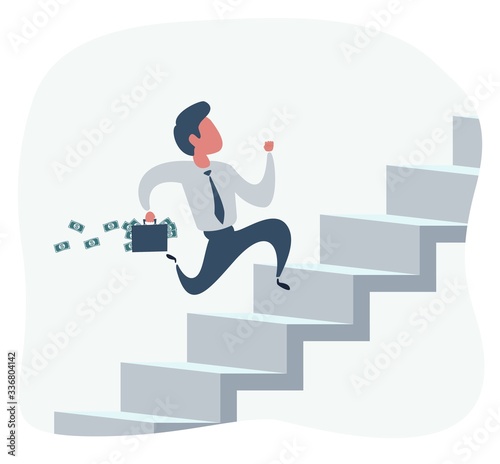 Caucasian business man running with briefcase full of money. Young business man stealing money. Economic crime concept. Vector flat design illustration.