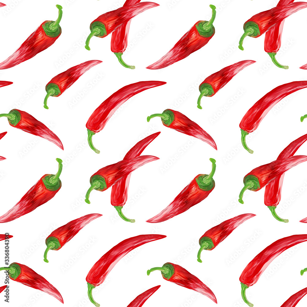 Chili peppers hand drawn watercolor seamless pattern on white background. Natural background for textiles, banner, wrapping paper and designs Chili peppers hand drawn watercolor seamless pattern on white background. Natural background for textiles, banner, wrapping paper and designs
