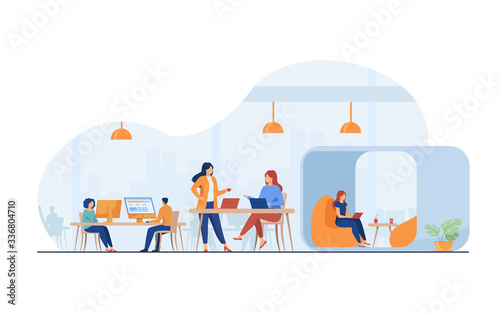 Modern business team working in open office space. Young people using laptop computers in creative co-working interior. Vector illustration for teamwork, community, work on project concept