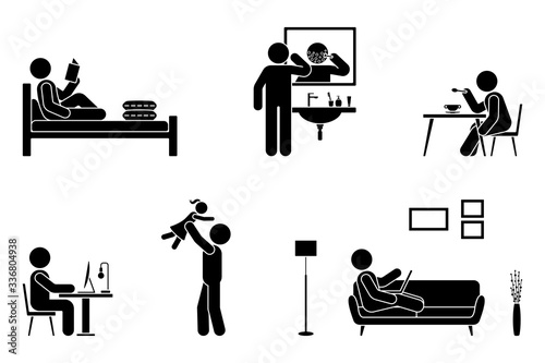 Stick figure man everyday life time activities vector illustration icon set. Read book, shave face, eat, sit at desk, work, study, play with child, use laptop on sofa pictogram on white