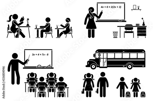 Stick figure school boy, girl sitting in class, lesson, writing, reading, learning vector icon pictogram. Female, male teacher teaching, standing at blackboard set on white