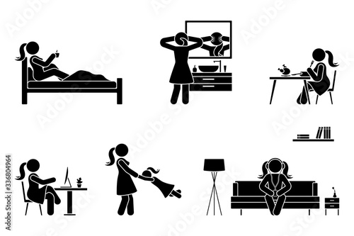 Stick figure woman everyday life activities vector icon set. Sleep, drink coffee, wash face, eat, sit at desk, work, study, play with child, listen to music on couch, use desktop pictogram on white