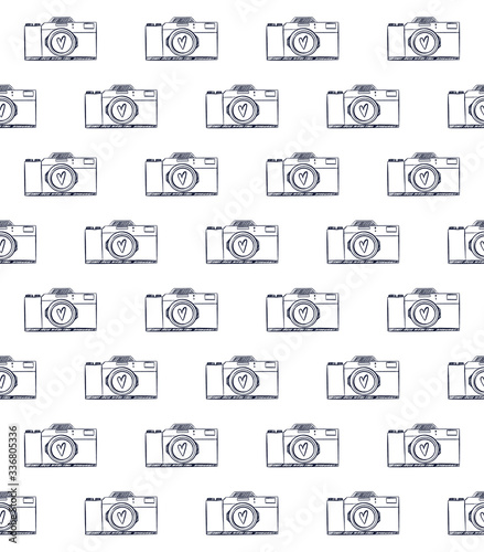 Seamless Pattern. Retro Camera Icon isolated on White Background. Vector hand drawn Illustration. Line Style.