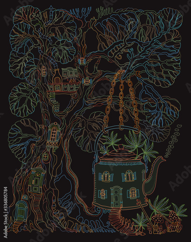 Fantasy Tree house and Futuristic house in tea pot in psychedelic colors with fly agaric mushrooms and cannabis hemp leaves on a black background. Hippie party invitation, batik print, humor wallpaper