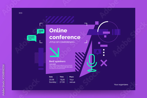 Invitation banner to the online conference. Business webinar invitation design. Announcement poster concept in flat style. Modern technology background with place for text. Vector eps 10.