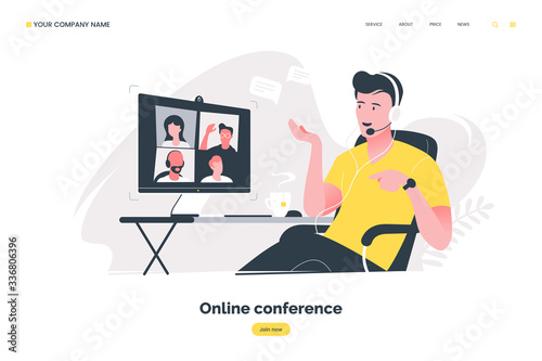 Online conference flat illustration. Man using computer to have video call. Video conferencing concept. Remote work in the home office. Vector eps 10.