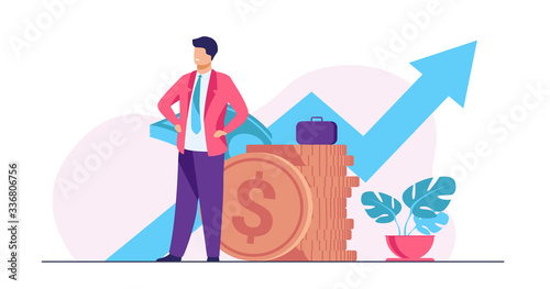 Successful entrepreneur or investor presenting stack of money and growth diagram. Businessman in suit standing at cash. Vector illustration for financial success, economy, trade concept