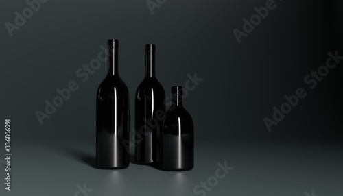 Black wine bottles against dark background. Modern minimalist design. 3D render