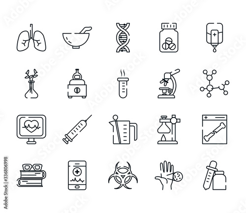 flasks with science, medication and investigation icon set, line style