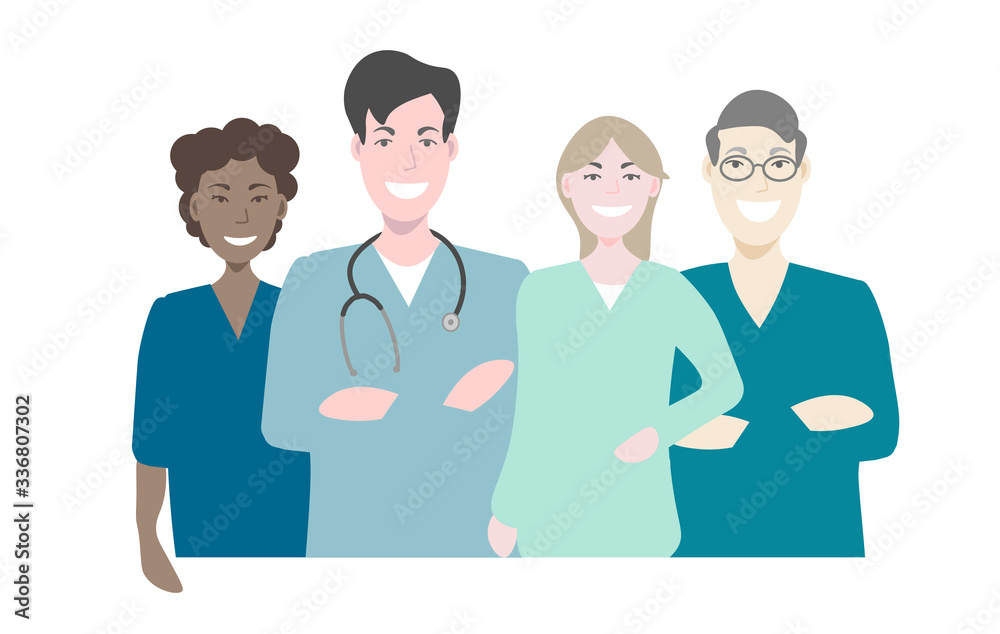 Vector illustration team of doctors and nurses.  thanks for the work of medical workers.  doctors of different nationalities.